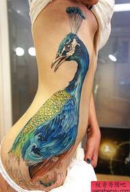 la figura del tatuaje recomienda un tatuaje de pavo real en la cintura de una mujer