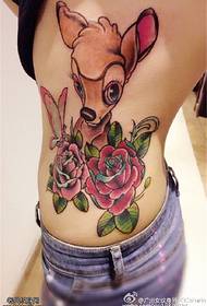 side waist color cartoon deer rose tattoo figure
