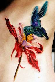 腰部纹身图案:彩色3D花卉小鸟纹身图案