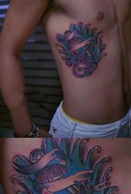Octopus with Anchor Color Waist Tattoo Picture
