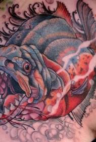back new school colored evil violent fish tattoo pattern