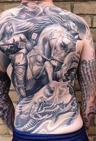 back amazing black and white rider and horse tattoo pattern