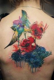 back spectacular watercolor style colored bird and flower tattoo pattern