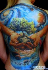back colorful hand and tree and planet tattoo pattern