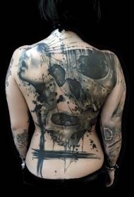 背部令人难以置信的骷髅与女人肖像纹身图案