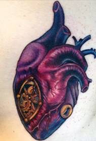 back colored heart and mechanical combination tattoo pattern