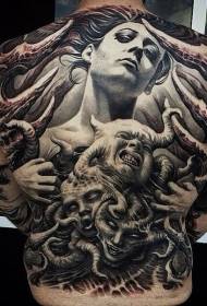 siaubo stiliaus moteris ir pabaisa pilna nugaros tatuiruotės schema