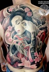 back amazing colorful geisha and flower tattoo pattern