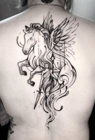 illustration style black Pegasus and fantasy female warrior back tattoo pattern