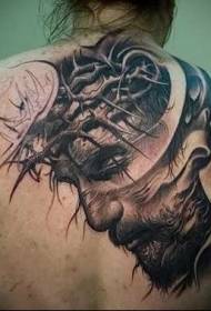 Black gray style back portrait of Jesus vine tattoo pattern
