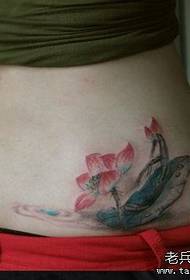 女生腰部精美的莲花与荷叶纹身图案