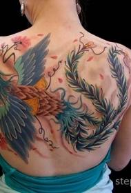 nuostabus nugaros spalvingo fenikso paukščio ir gėlių tatuiruotės raštas