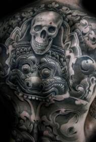 背部經典灰色骷髏搭配阿茲台克石紋身圖案