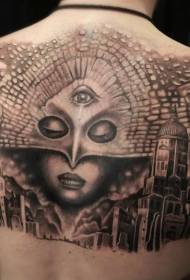 tilbage sort grå stil mystisk kvindemaske og urban tatoveringsmønster