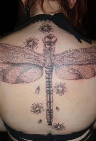 back delicate dragonfly and flower tattoo pattern