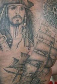 atpakaļ Karību jūras pirātu portrets un burāšanas tetovējuma raksts