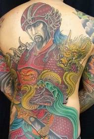 Războinic colorat în spate plin de stil asiatic combinat cu model de tatuaj dragon de aur