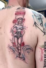 back colored lighthouse with sexy sailor woman tattoo pattern