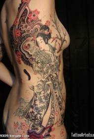 Aziatische stijl veelkleurige bloem geisha kant rib tattoo patroon