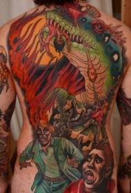 back cartoon Style colored evil dragon with scary human tattoo pattern