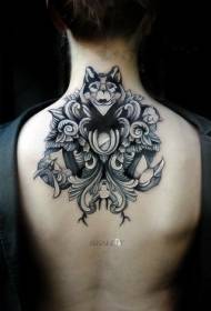 back black and white owl with Wolf and flower tattoo pattern
