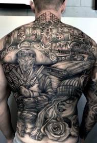 back black gray character pistol and car rose tattoo pattern
