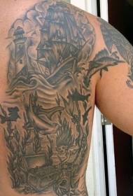 stražnji čarobni crno-bijeli jedrilica i podvodni svjetski uzorak tetovaža