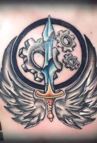 back wings And colored sword tattoo pattern