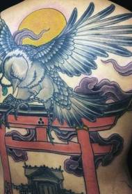 back colored big bird with temple and sun tattoo pattern