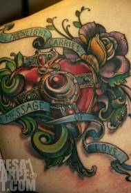 back incredible painted mechanical heart and flower letter tattoo pattern