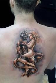 back colored devil and nude woman tattoo pattern