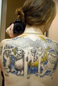 interesting various colored strange animals with tree and moon back tattoo designs