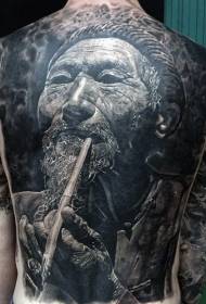 full back amazing amazing black and white Asian man portrait tattoo pattern