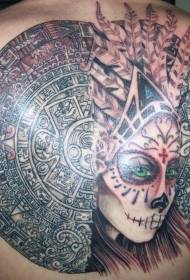 back amazing bloody Mayan stone carving combined with tribal women portrait tattoo pattern