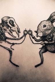 странный черный тату с кроликом и скелетом