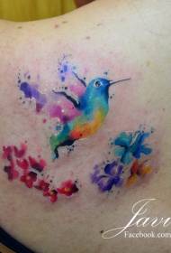 cor de costas salpicando patrón de tatuaxe de flores de colibrí