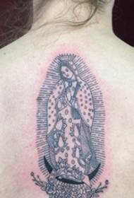 woman's back on the exquisite black thin line style Guanyin tattoo picture