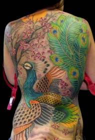 back Japanese style large colorful peacock and flower tattoo pattern