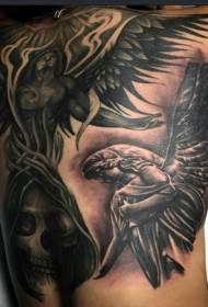 back huge black and white mysterious angel and skull tattoo pattern