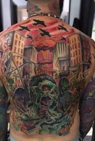 full back comic style color zombie architectural tattoo pattern