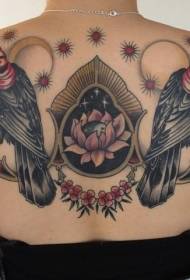 ryggfärgade fåglar med blommor och tatueringsdesign