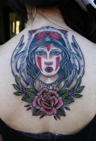 стар училищен гръб цвят племенни жени портрет с рога и роза татуировка модел