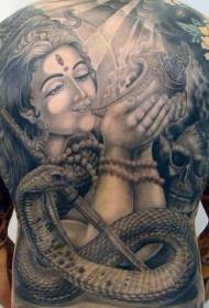 Rov qab Hindu themed dub poj niam nrog pob txha taub hau thiab nab tattoo qauv