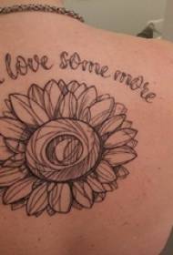 girls back black minimalist line flower body English tattoo picture