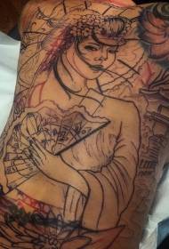 atzera geisha ederra eta fan tatuaje eredua