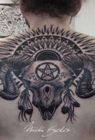 back black gray style demon sheep skull and sun symbol tattoo pattern