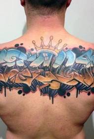 back colored graffiti style letters and crown tattoo pattern
