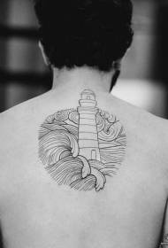 back black line lighthouse wave tattoo pattern