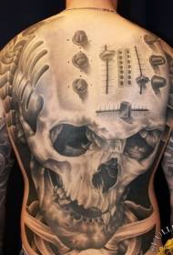 back Black and white music skull microphone combination tattoo pattern
