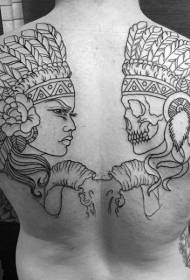 back Black line Indian skull with woman tattoo pattern